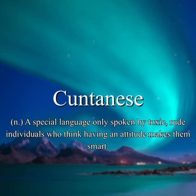 Fake dictionary definition of "Cuntanese" as a language spoken exclusively by toxic rude people