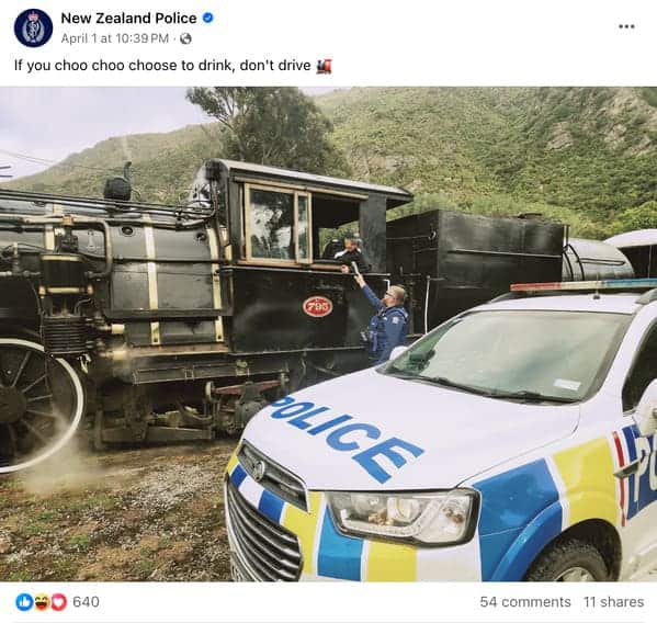 NZ Police Facebook post of officer pulling over a vintage steam train with choo choo pun.