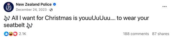NZ Police Christmas Eve post using Mariah Carey lyrics to encourage everyone to wear seatbelts.