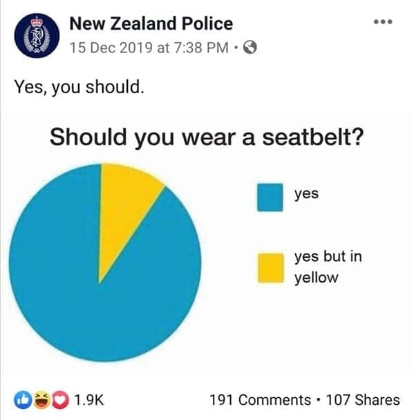 NZ Police pie chart joke showing seatbelt options as "yes" or "yes but in yellow" slice.