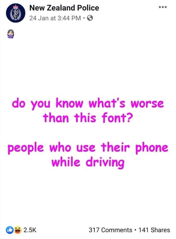 NZ Police Facebook post using garish pink Comic Sans to compare bad fonts with distracted driving.