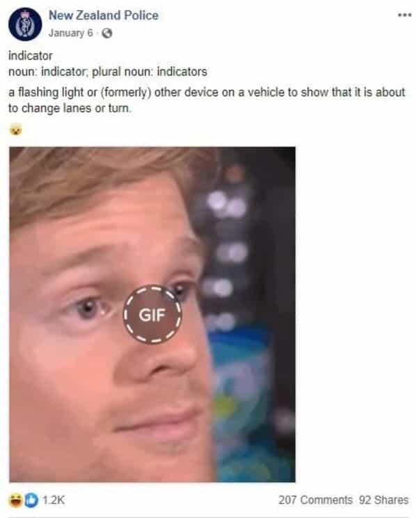 NZ Police Facebook post defining the word "indicator" with a smug reaction face GIF meme attached.
