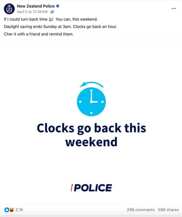 NZ Police Facebook post using Cher's "Turn Back Time" lyric to remind drivers about daylight savings.