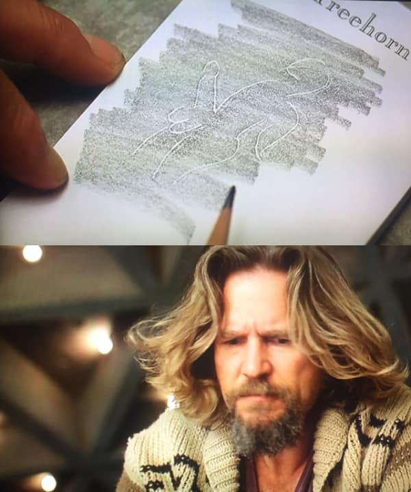 A no context image mashup featuring a scene from The Big Lebowski. The top panel shows a pencil rubbing on a notepad revealing a suggestive indentation left by a previous page, while the bottom panel shows "The Dude" looking deeply perplexed at the findings.