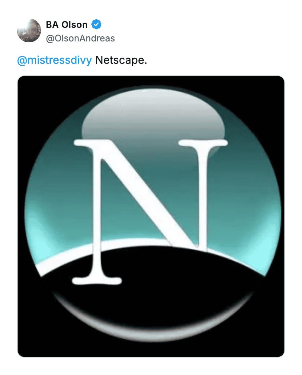 A minimalist social media post by BA Olson simply stating "Netscape," featuring the iconic teal and white "N" logo inside a circular globe for the nostalgic website browser that predated modern competitors.