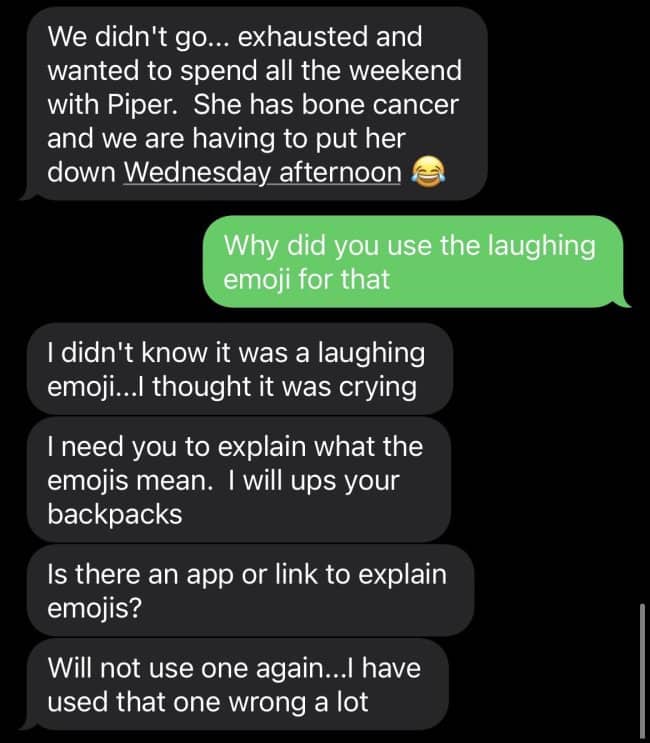 Text conversation where a heartbreaking story about a pet with cancer ends with a laughing emoji.