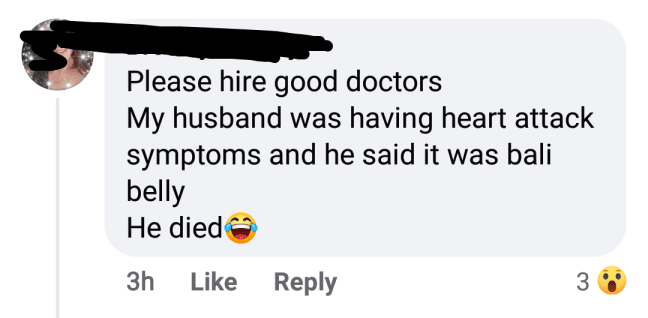 Comment thread about a serious medical misdiagnosis and death, punctuated by a laughing-crying emoji.