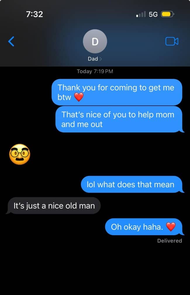A short text convo where "Dad" uses a creepy-looking disguised emoji to represent a "nice old man."