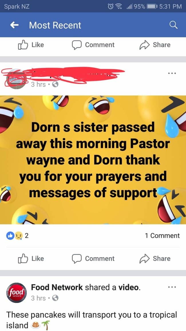 Social media condolences post about a sister's death featuring a background of laughing emojis.