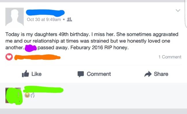 Facebook post where a thoughtful memory of a daughter is followed by an inappropriate laughing-crying emoji reaction.