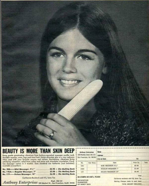 Vintage 1970s print ad for Anthony Enterprises handheld massager featuring smiling young woman