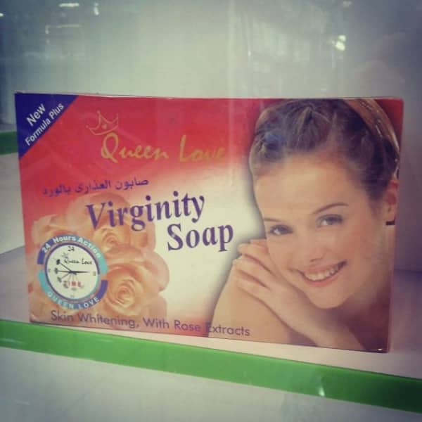 Queen Love Virginity Soap box with skin whitening rose extract claims and confusing product name on shelf