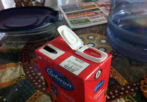 Rubicon juice carton with a flip phone style hinged lid resealing cap as unusual packaging design