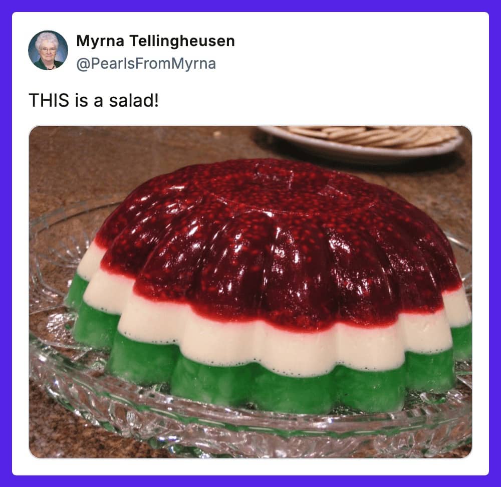 A social media image of a three-layered red, white, and green gelatin mold labeled as salad.