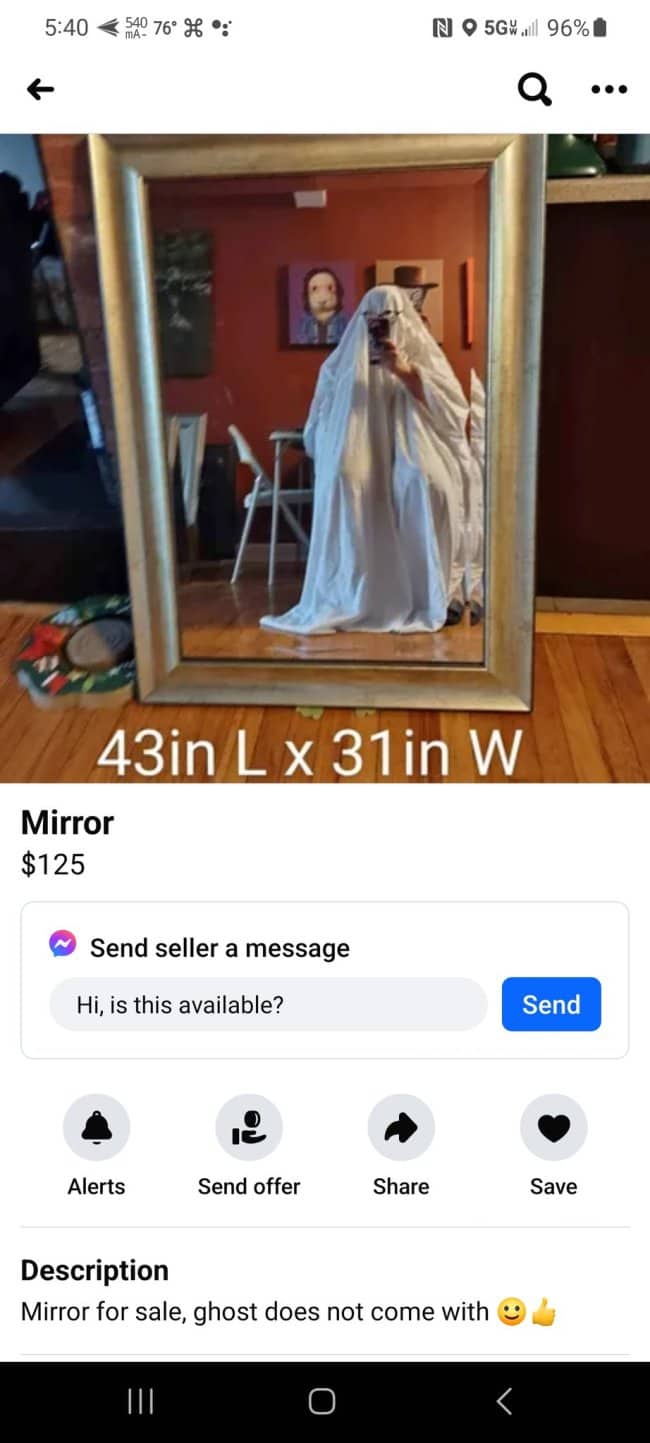 Large gold framed mirror for sale reflecting person in white ghost sheet costume with disclaimer