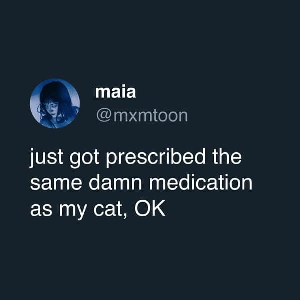 A peak modern-living cat meme tweet from @mxmtoon about the humble realization of being prescribed the "same damn medication" as her cat.