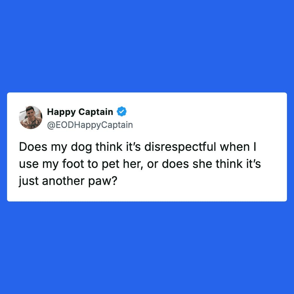 A philosophical dog meme tweet from @EODHappyCaptain pondering a common owner behavior: "Does my dog think it’s disrespectful when I use my foot to pet her, or does she think it’s just another paw?"