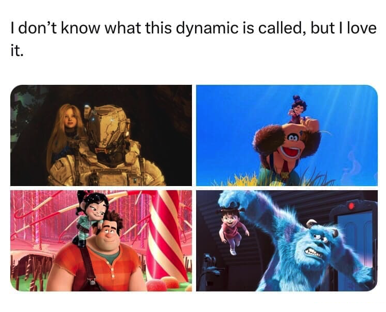 A four-panel Pragmata meme celebrating the "Grumpy Giant and Small Child" trope. It places the Pragmata astronaut and Diana alongside iconic pairs like Ralph and Vanellope, and Sulley and Boo from Monsters Inc.