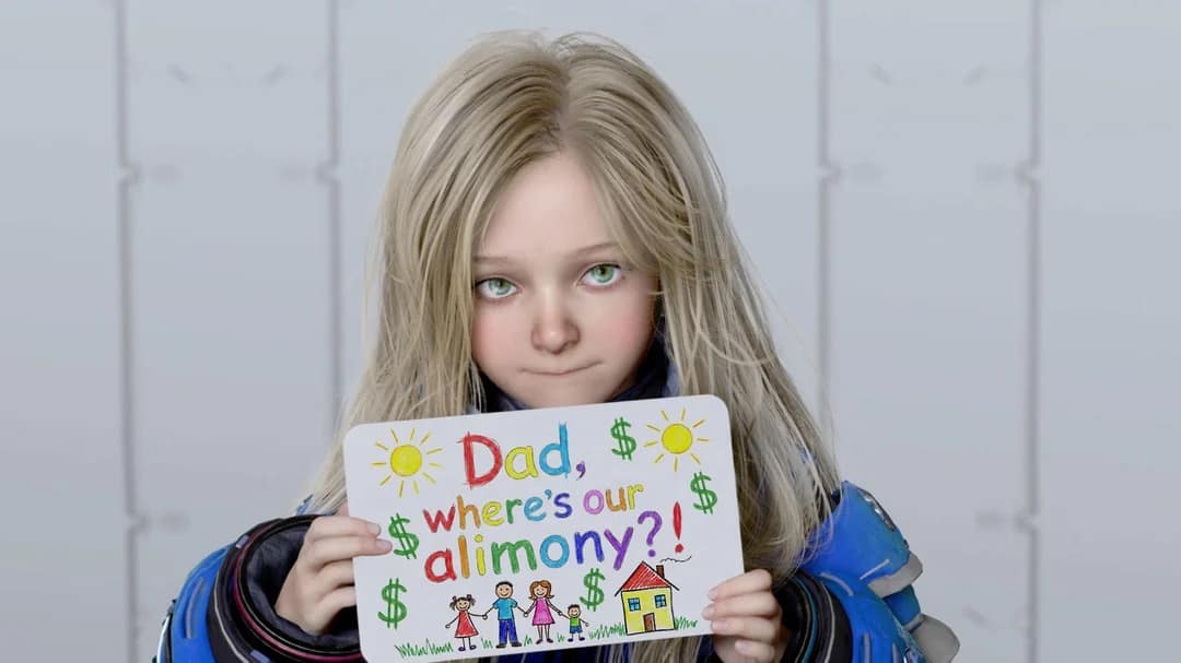 A humorous Pragmata meme edit showing the character Diana holding up a whiteboard. The original drawing has been replaced with a crayon sketch of a broken home and the text: "Dad, $ where’s our alimony?!" turning the sci-fi epic into a comedy about space-age child support.