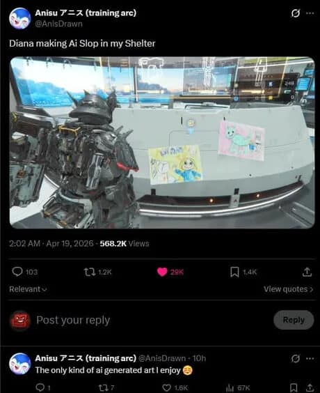 A social media screenshot functioning as a Pragmata meme. It showcases the player’s base in the game, where the walls are decorated with Diana’s hand-drawn "AI Slop." The poster notes that these drawings are the only form of AI-generated art they are willing to support.