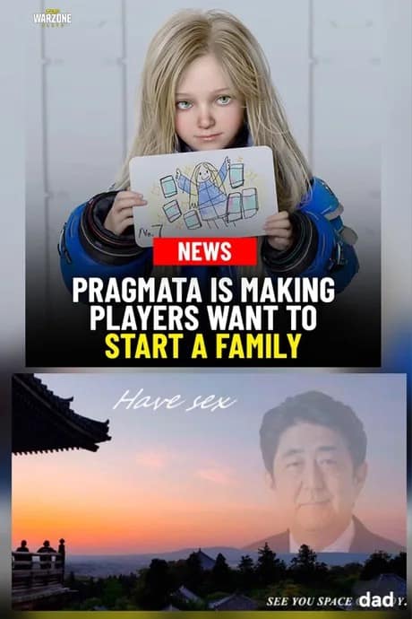 A satirical news-style Pragmata meme. The top half features Diana holding a child's drawing with a headline claiming the game makes players want to start families. The bottom half shows a sunset landscape with the translucent spirit of Shinzo Abe appearing in the sky, urging gamers to "have sex."