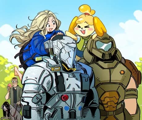 A vibrant fan-art Pragmata meme showing a wholesome gaming crossover. The silver-clad Pragmata astronaut carries the blonde girl, Diana, on his shoulders, while the Doom Slayer walks beside him carrying Isabelle from Animal Crossing.
