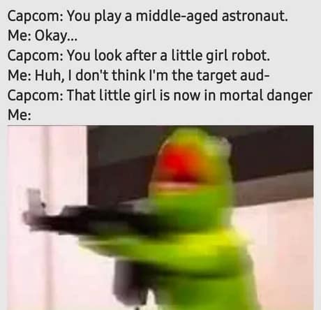A high-intensity Pragmata meme using a blurry image of Kermit the Frog brandishing an assault rifle. The text describes a player's instant transition from being a skeptical observer to a "protective dad" the moment Capcom reveals the little girl is in mortal danger.