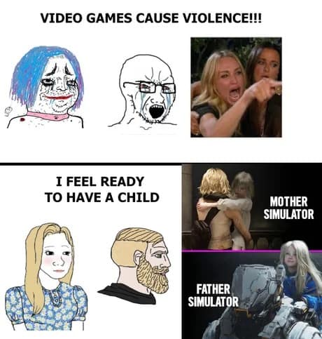 "Chad vs. Soyjak" Pragmata meme layout. The top row mocks the outdated argument that video games cause violence, while the bottom row shows the "Chad" gamer feeling a sudden biological urge to be a parent after playing "Father Simulator" Pragmata.