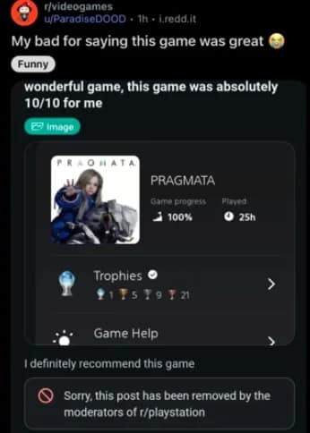 A meta-humor Pragmata meme screenshot from a Reddit post. A user claims the game is a "10/10" and shows a fake Platinum trophy with 25 hours of playtime, resulting in the post being deleted because the game hasn't actually been released yet.