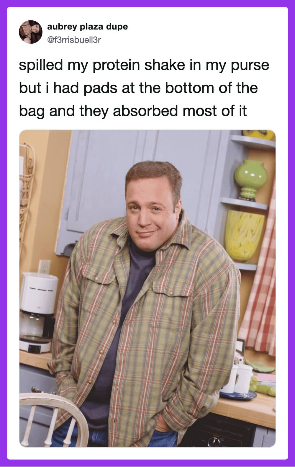 A tweet about spilling a protein shake in a purse and pads absorbing the liquid.