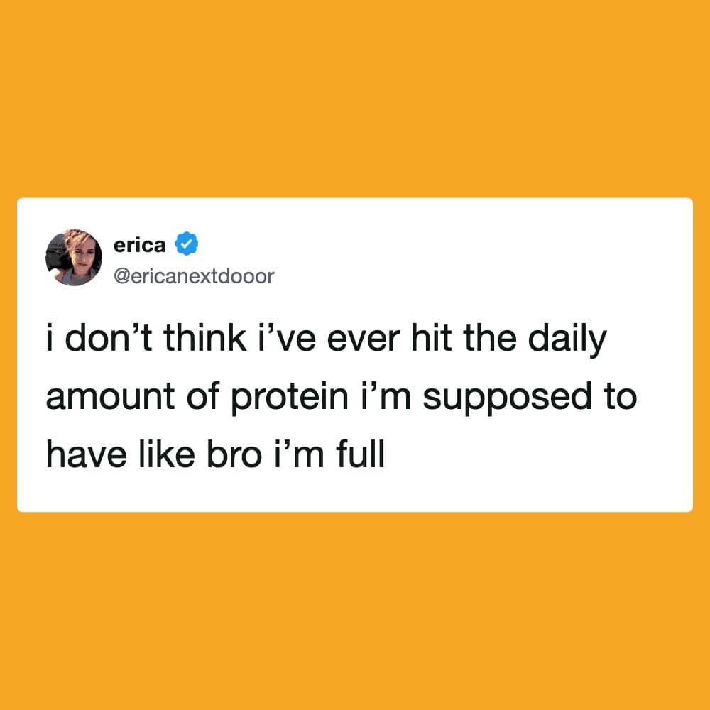 Screenshot of a tweet complaining about feeling too full to hit daily protein goals.