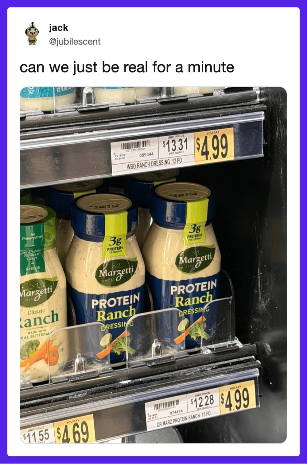 A photo of "Protein Ranch" dressing on a grocery shelf with a skeptical tweet.