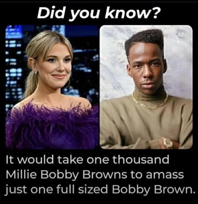 mathematical punny meme comparing Millie Bobby Brown and Bobby Brown. Using "milli" as the prefix for one-thousandth, the caption claims it would take "one thousand Millie Bobby Browns to amass just one full sized Bobby Brown."