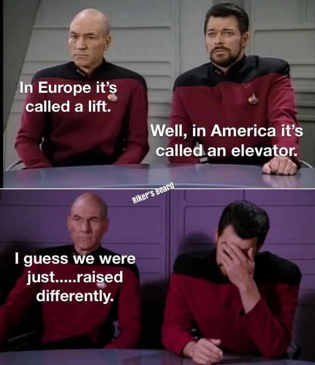 Star Trek themed funny pun where Picard and Riker discuss the difference between British and American terminology for elevators. Picard delivers the punchline, "I guess we were just.....raised differently," before Riker facepalms.