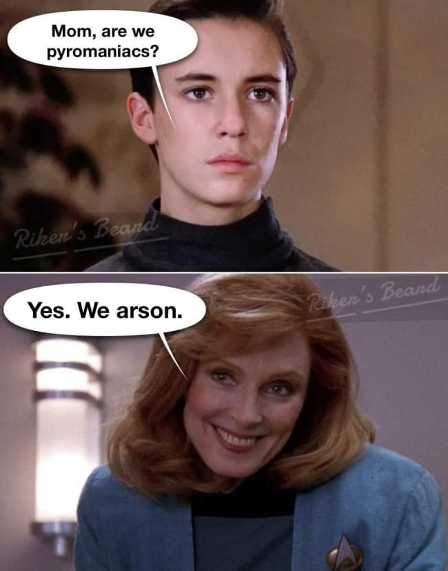 A family-centered punny meme featuring Wesley and Beverly Crusher from Star Trek. Wesley asks if they are "pyromaniacs," and Beverly smiles widely, replying, "Yes. We arson," a play on the phrase "are son."
