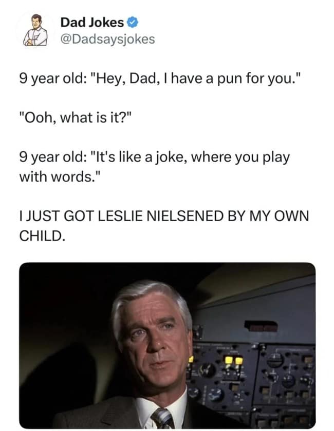 A meta funny pun tweet from Dad Jokes. A 9-year-old child defines a pun as "like a joke, where you play with words," leading the father to realize he’s been "Leslie Nielsened" by his own kid—a nod to the literal humor of the late actor in films like Airplane!.