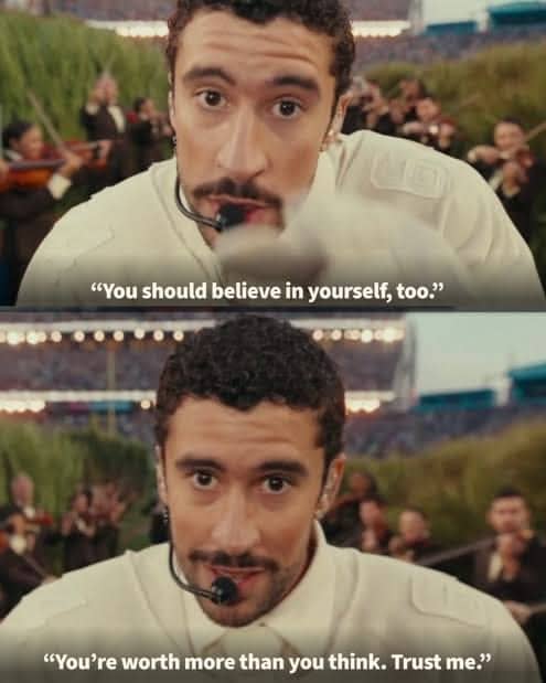 Bad Bunny giving an inspirational message about believing in yourself.