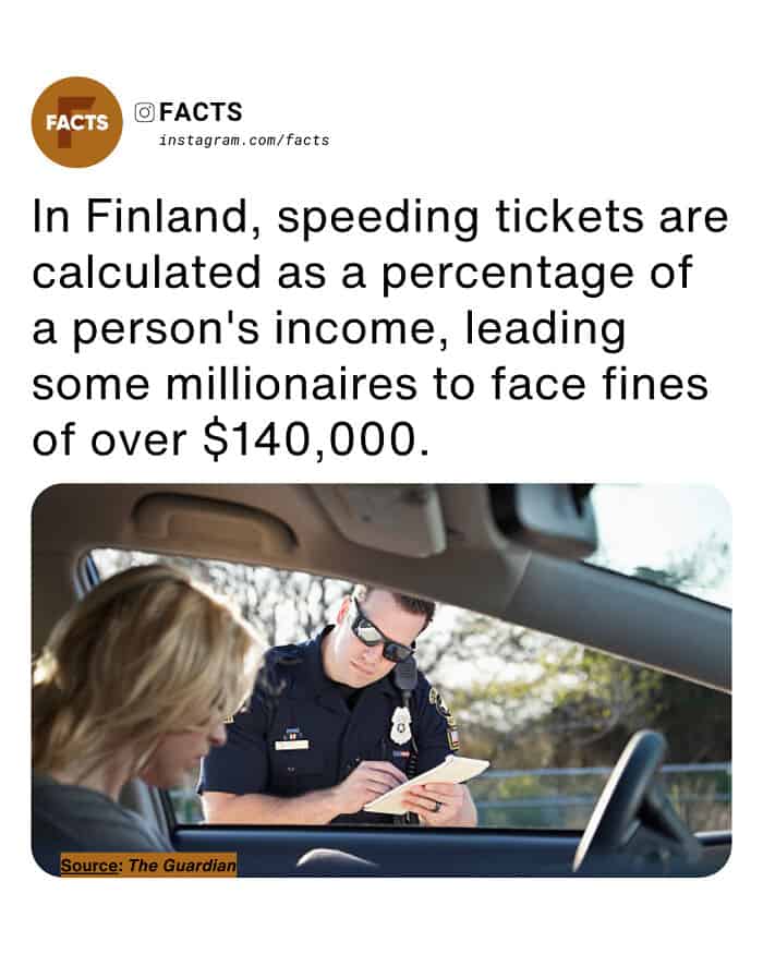 graphic featuring a police officer writing a citation for a driver. The text reveals a progressive random facts point about Finland's "Day-Fine" system, where speeding tickets are calculated as a percentage of income, causing some millionaires to pay staggering fines exceeding $140,000 for a single violation.