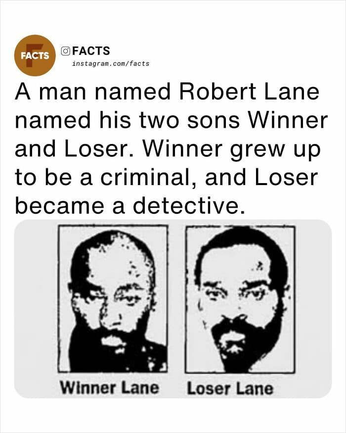 Two low-resolution portraits labeled "Winner Lane" and "Loser Lane." This legendary entry in our random facts collection details Robert Lane’s decision to name his sons Winner and Loser; ironically, Winner grew up to be a serial criminal, while Loser became a successful police detective.