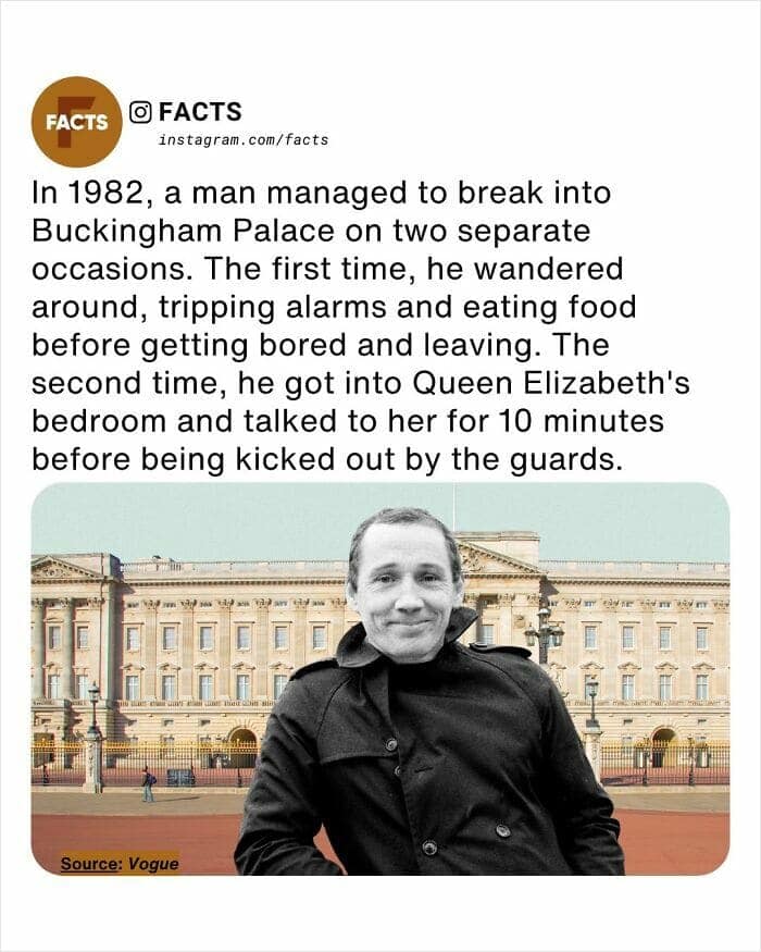 A photo of Michael Fagan leaning against a wall with Buckingham Palace in the background. The text recounts his incredible 1982 break-ins, where he first roamed the palace eating food and then famously sat in Queen Elizabeth’s bedroom chatting with her for 10 minutes before being apprehended.