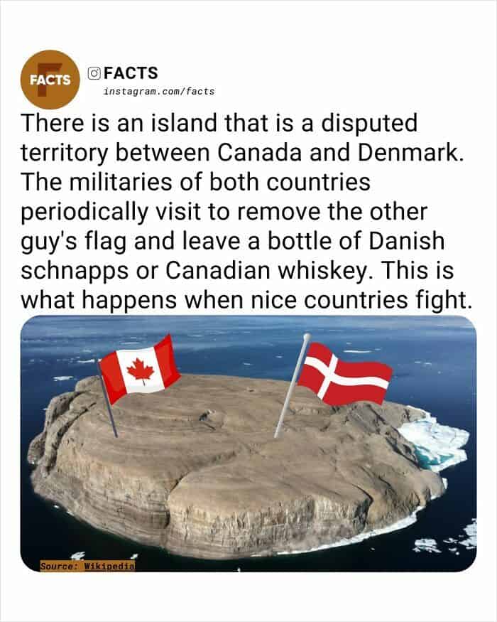 An aerial view of the barren, rocky Hans Island with the Canadian and Danish flags side-by-side. The text describes the most polite territorial dispute in history, where the two militaries take turns removing the other's flag and leaving a bottle of Canadian whiskey or Danish schnapps for their rivals.