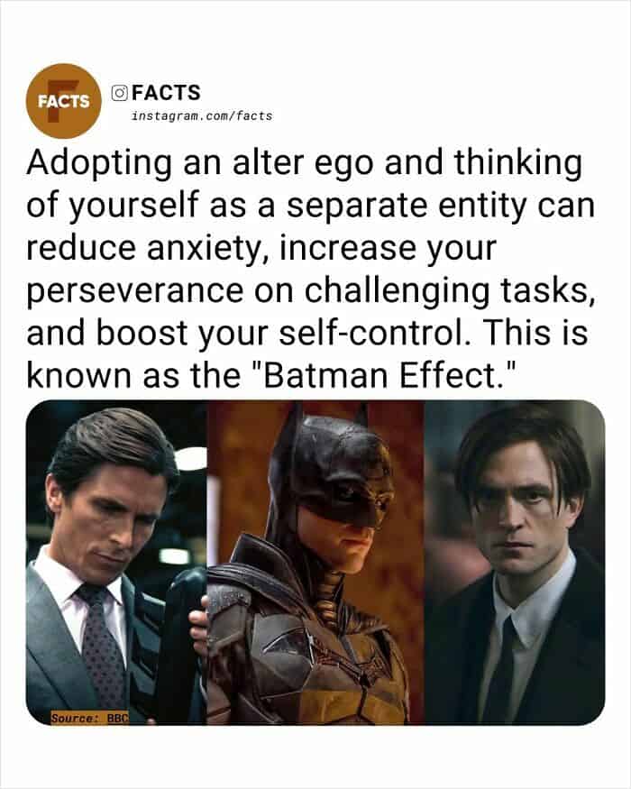 A three-panel graphic featuring Christian Bale as Bruce Wayne and Robert Pattinson as Batman. The text describes the "Batman Effect," a psychological phenomenon where adopting an alter ego as a separate entity can significantly reduce anxiety and boost perseverance on difficult tasks.