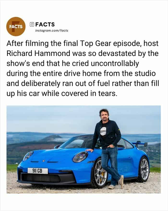 A photo of Top Gear host Richard Hammond leaning against a bright blue Porsche 911. The text shares a poignant moment from the show's history: Hammond was so devastated by the final episode that he cried the entire drive home and deliberately ran out of fuel rather than stopping to interact with anyone at a gas station.
