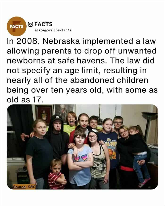 A group photo of several teenagers and children looking toward the camera. The text details a massive legal oversight in 2008 when Nebraska implemented a safe-haven law for "unwanted newborns" without specifying an age limit, resulting in parents legally abandoning children as old as 17.