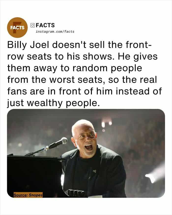 A photo of Billy Joel performing passionately at a piano. The accompanying text shares a fan-favorite random facts tidbit: the singer refuses to sell front-row seats, instead giving them away to fans in the "nosebleed" sections so that real enthusiasts, rather than just the wealthy, are at the front.