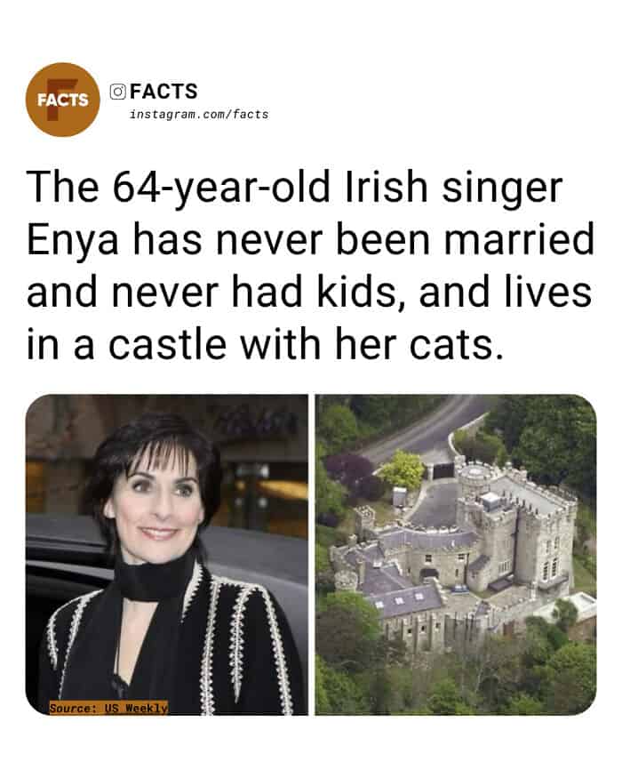 A split-screen image showing Irish singer Enya and an aerial view of a massive stone castle. The random facts text explains that the 64-year-old singer has never married or had children, choosing instead to live a peaceful life in a castle with her cats.