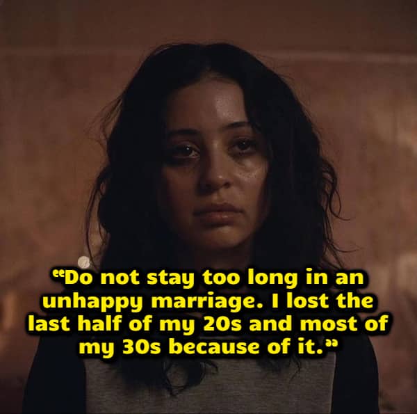 Close-up of a woman looking sad with text overlay about regretting staying in an unhappy marriage.