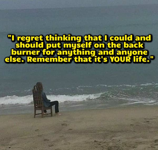 Person sitting in a chair facing the ocean waves with text about not putting yourself second.