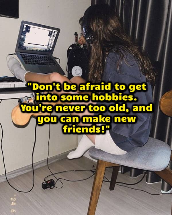 Woman sitting in a music studio with a guitar and text encouraging people to start new hobbies.