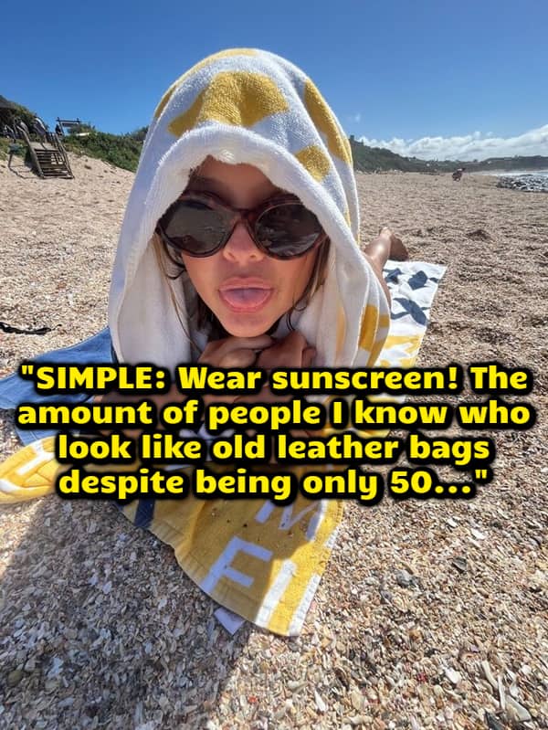 Girl on a beach with a towel over her head and text emphasizing the importance of sunscreen.
